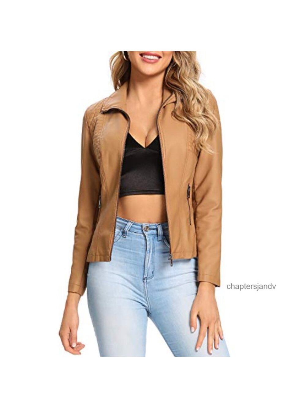 Faux Leather Quilted Zip Up Jacket Long Sleeve Fitted Windproof Outwear